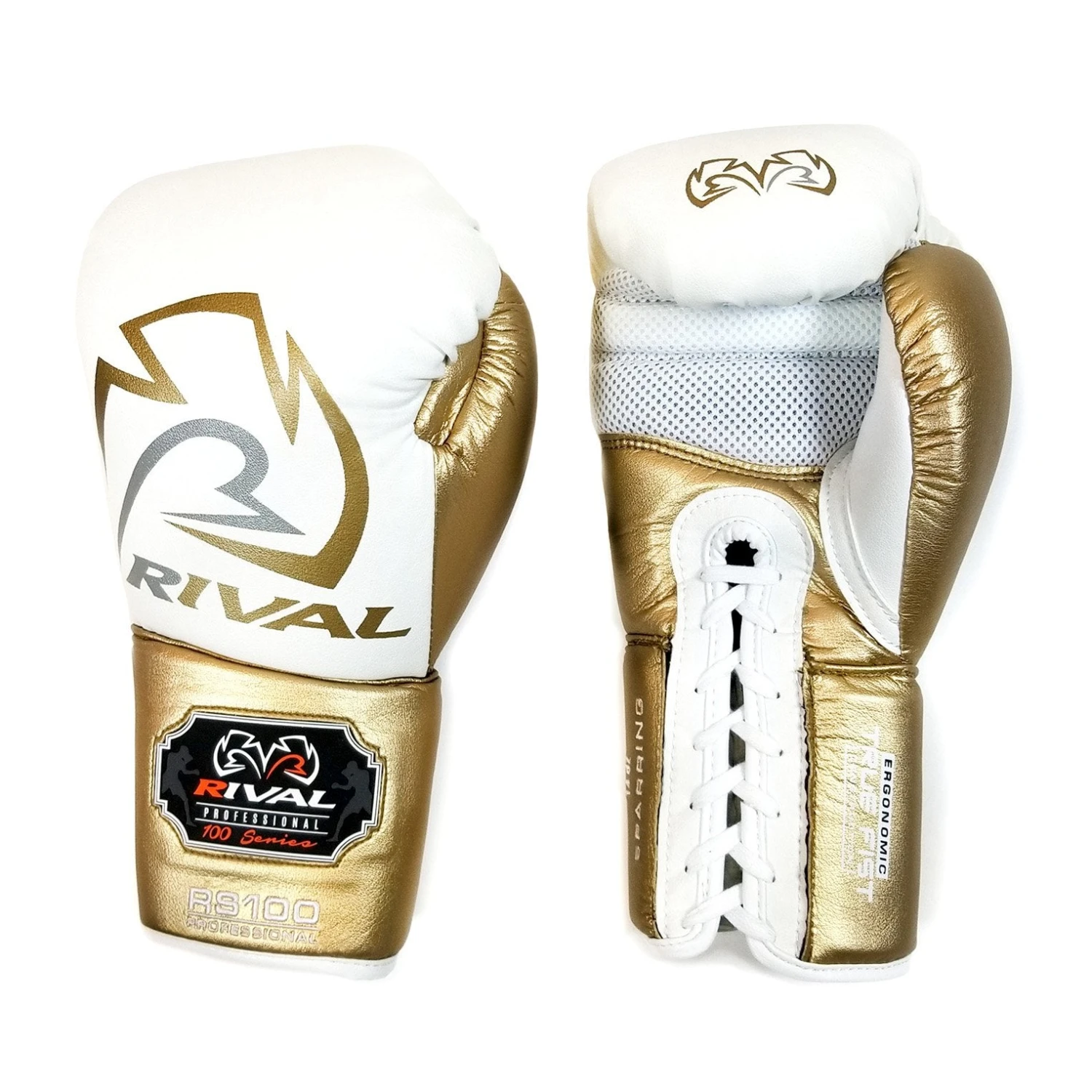Rival Boxing RS100 Professional Sparring Lace-Up Gloves White/Gold - Image 3