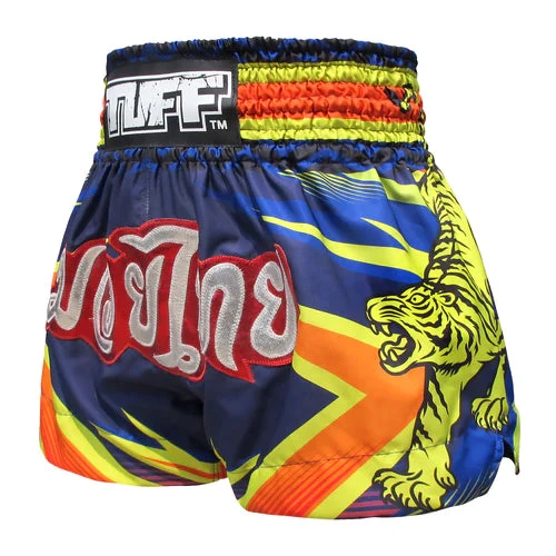 TUFF Muay Thai Shorts Blue With Double Yellow Tiger - Image 2