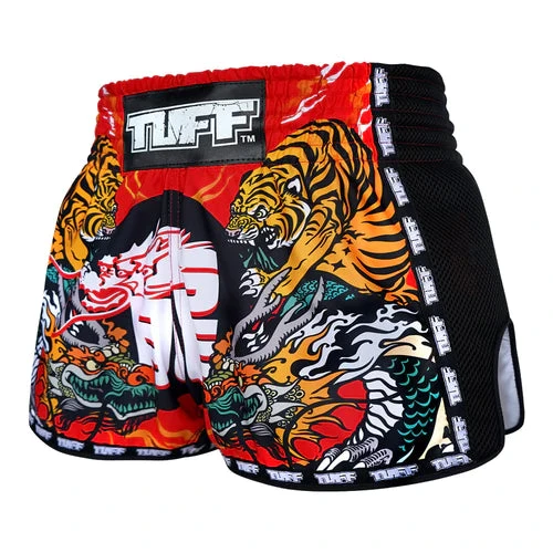 TUFF Muay Thai Shorts Retro Style Red Chinese Dragon & Tiger - Image 2